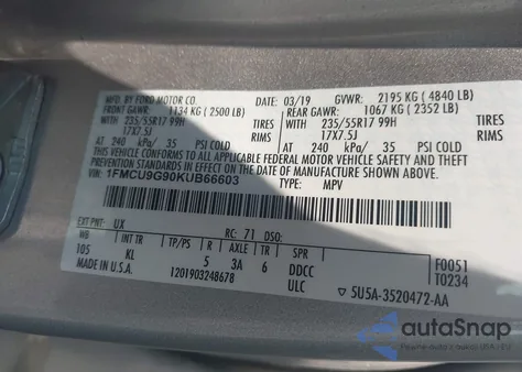 2019 Ford Escape Se from USA, damaged, VIN 1FMCU9G90KUB66603